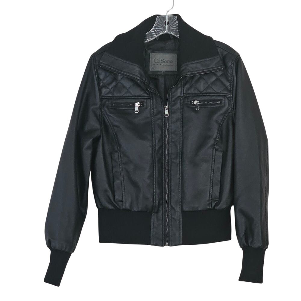 Ci Sono by Cavalini Faux Leather Bomber Jacket Black Sz L